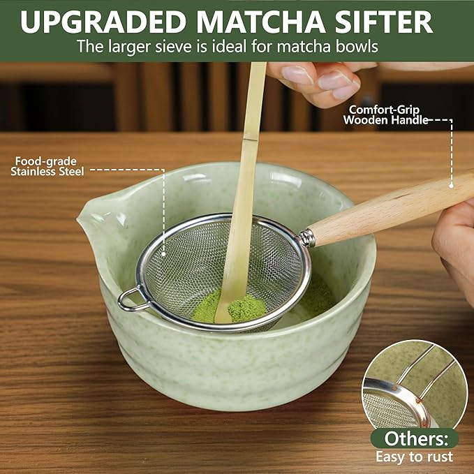 Matcha Whisk Set, 9 Pcs Ceramic Matcha Kit Includes Bowl & Bamboo Whisk & Holder, Matcha Cup & Measuring Spoon, Tea Set Gift for Matcha Lovers Beginners (Pea Green)