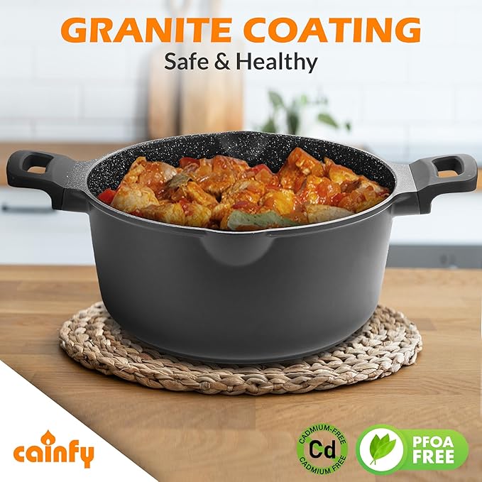 11 Inch Non Stick Pan Casserole Pot with Lid & Pour Spout - Lightweight 6.84 Quart Granite Coated Soup Pot Comfort Grip Handle - Induction Compatible PFOA Free Non Stick Cookware (Black)