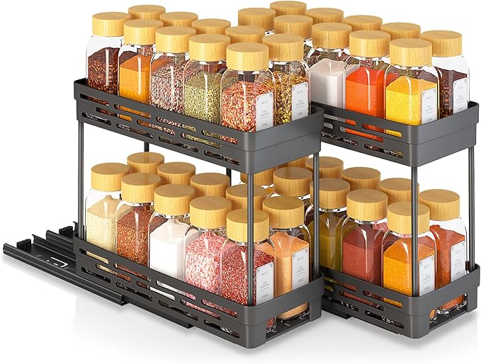 2 Pack Pull Out Spice Rack Organizer for Cabinet, 2Tier Slide Out Spice Racks Organizer, Spice Cabinet Organizers, Cabinet Size Need:12'' Highx11'' Deepx5'' Wide, Upgraded-Black
