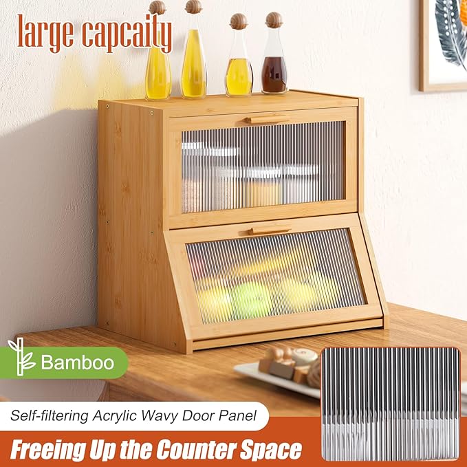 GHWIE Double Layer Bamboo Bread Box for Kitchen Counter,Large Capacity Bread Storage Bin,Bread Container with Acrylic Wavy Door Panel (Natural, Extra Large)