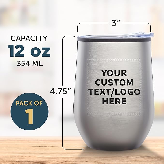DISCOUNT PROMOS Custom Stemless Wine Tumblers 12 oz. Set of 1, Personalized Bulk Pack - Insulated, Perfect for Wine, Cocktails, Other Hot & Cold Beverages - Silver