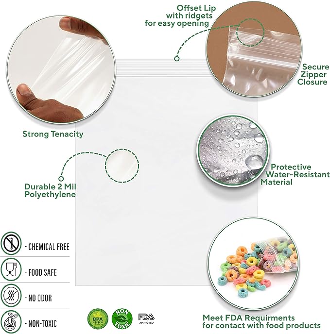 GPI - 2 Gallon Zip Bags, 13" x 15" Large Reclosable Lock Zip Bags, Clear Plastic Zipper Storage Bags with Zip Top Lock for Freezer, Clothing, Food, Documents & Supplies - 500 Count