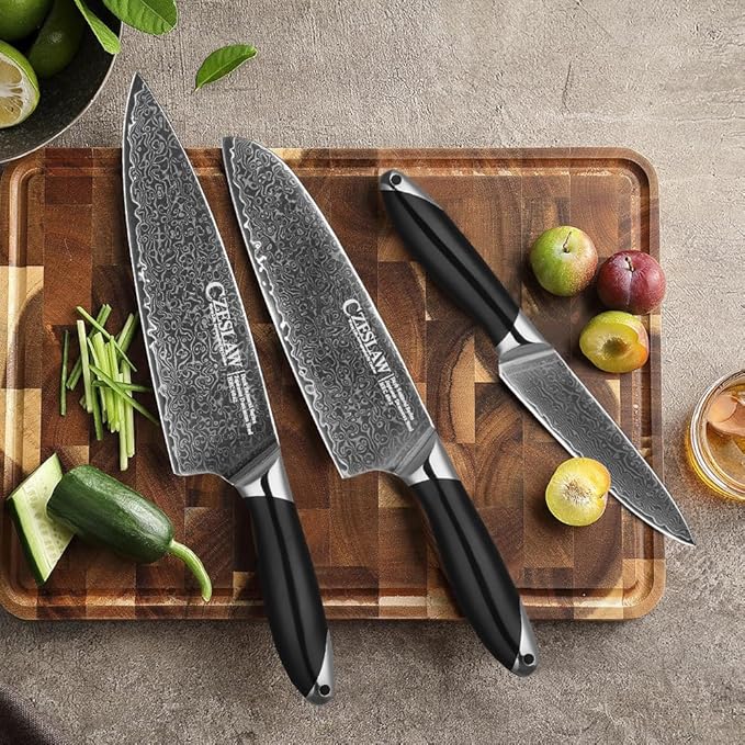 Knife Set 3 Piece, Japanese Damascus Kitchen Knife Set, Professional Sharp Black Cooking Chef Knife, Use Premium Damascus Steel Forge, With Ergonomic ABS Handle