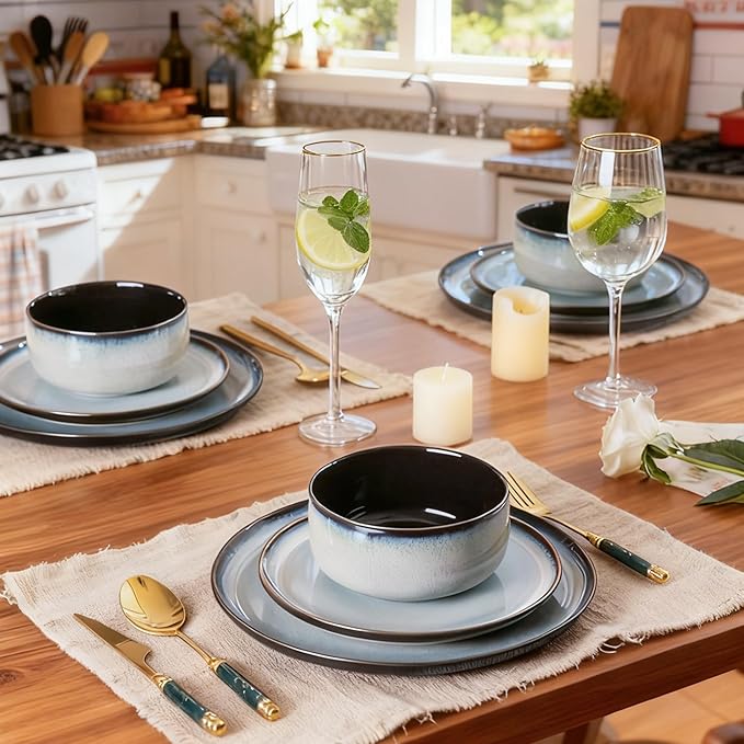 LeRATIO Ceramic Dinnerware Set of 4, Poreclain Plates, Bowls, Handmade Reactive Glaze Dishes, Chip Resistant, Oven & Dishwasher Safe, Service for 4-Gray White