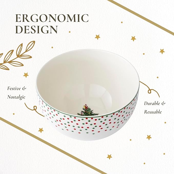 Spode Christmas Tree Polka Dot Rice Bowl - 6-Inch Porcelain Soup Bowls for the Holidays, Christmas Kitchen Bowls for Rice, Dessert, Cereal, Noodles, and Pasta, Dishwasher and Microwave Safe