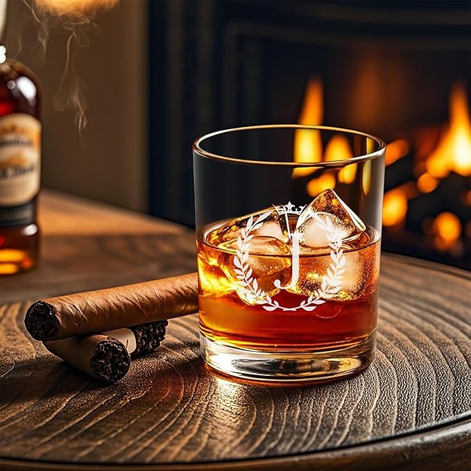 Personalized Whiskey Glasses Gifts for Men, Monogrammed Engraved A-Z 10.6 oz Rocks Glass Customized Gift, Unique Christmas Birthday Gifts for Men Him Dad Husband Brother Son (J)