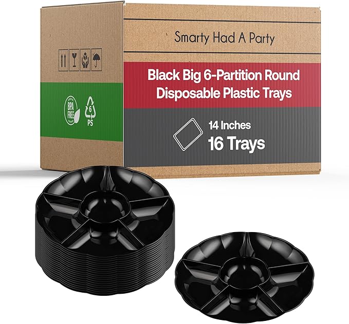 Elegant 14" Black 6-Section Round Disposable Plastic Trays for Serving Fruit, Ice Cream and More - 16 Pcs Serving Trays Ideal for Parties, Weddings, Baby Showers and Decorations