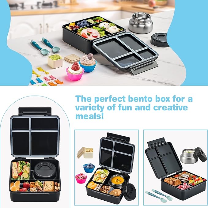 Bento Lunch Box with 9.5 oz Soup Thermo, Kids Leakproof 4 Compartments Bento Box with Silicone Cupcake,Fruit Fork,Spoon and Sauce Cup,Insulated Food Jar for School Travel-Black
