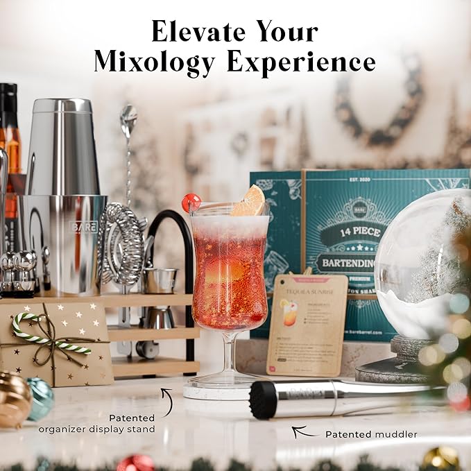 BARE BARREL® Mixology Bartender Kit Bar Set | 14-Piece Cocktail Shaker Set | Martini Barware Mixing Tools for Home Bartending | 35 Recipe Cards | Gift Set (28oz Boston Shaker, Silver/Natural)