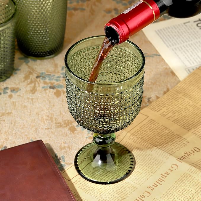 Joeyan Green Vintage Wine Goblet Glasses,Embossed Colored Stemmed Glass Cups,Hobnail Stemware Drinking Glasses,Romantic Beaded Glassware for Water Juice Cocktail,12 oz,Set of 4,Dishwasher Safe