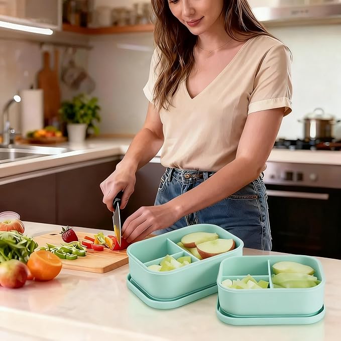 Silicone Adult Bento Box, 3 Compartment Leakproof Silicone Lunch Container, Lunch Box for Men and Women, BPA-Free, Microwave/Dishwasher/Freezer Safe, Reusable Snack Containers (Green)