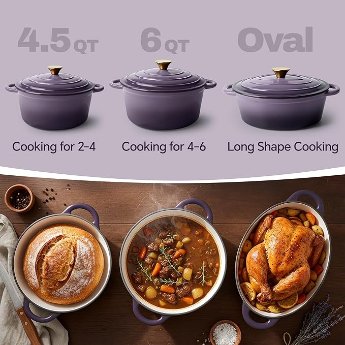 6 Quart Dutch Oven Pot with Lid, Non Stick Enameled Cast Iron Dutch Oven for Bread Baking, Heavy-Duty, Oven Safe Ceramic Cookware Up to 500°F for Baking, Braising, Stews, Roasting, Purple