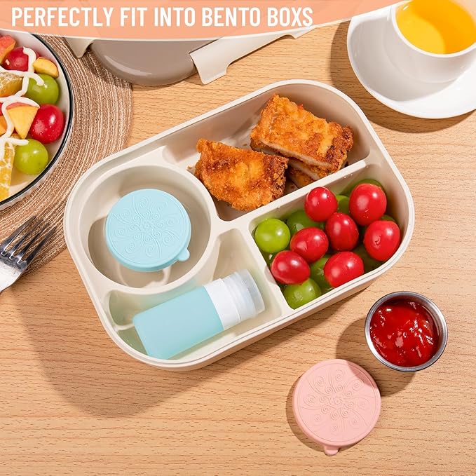 8-Pack Salad Dressing Container To Go, 2-oz Silicone Small Condiment Squeeze Bottles and 1.6 oz Stainless Steel Sauce Containers Cups, Leakproof Condiment Containers with Lids for Lunch Box