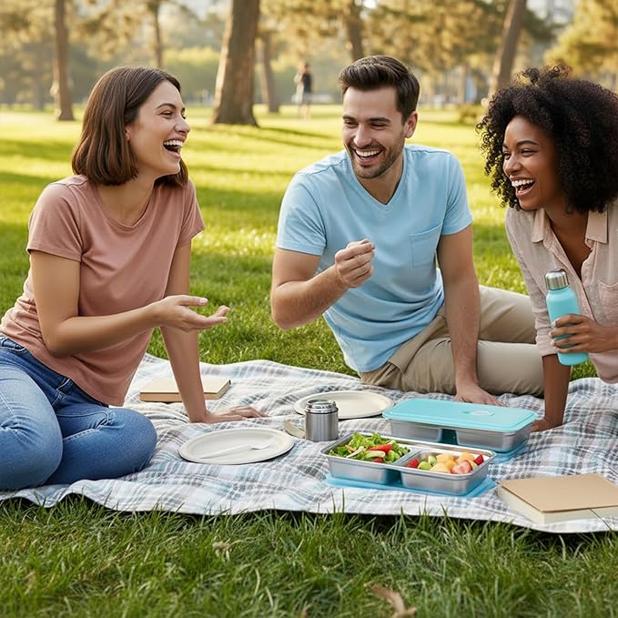 4PCS Metal Snack Containers with Lids, Reusable Stainless Steel Double Compartment Snack Box, Grab and Go Food Containers Compartment box with Lids For Travel and Outdoor Camping