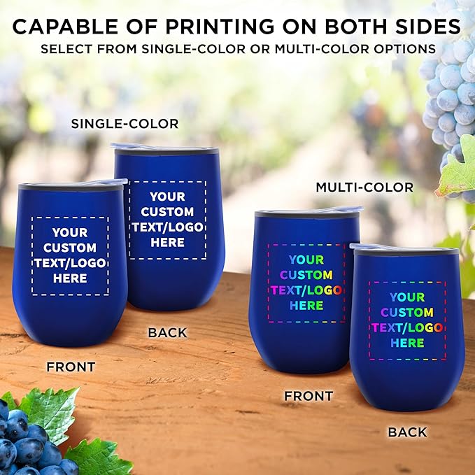 Custom Stemless Wine Tumblers 12 oz. Set of 24, Personalized Bulk Pack - Insulated, Perfect for Wine, Cocktails, Other Hot & Cold Beverages - Blue