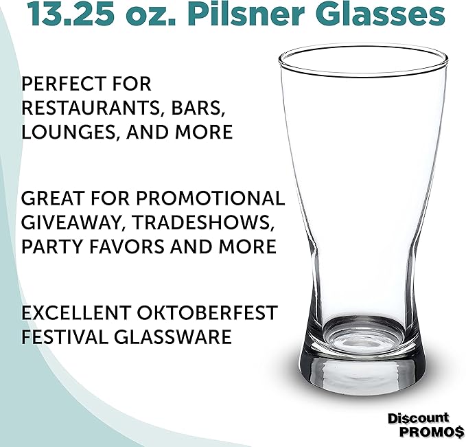 DISCOUNT PROMOS Pilsner Glasses 13.25 oz. Set of 12, Bulk Pack - Made in the USA, Perfect for Hotels, Restaurants, Bars and Even Party Favors - Clear