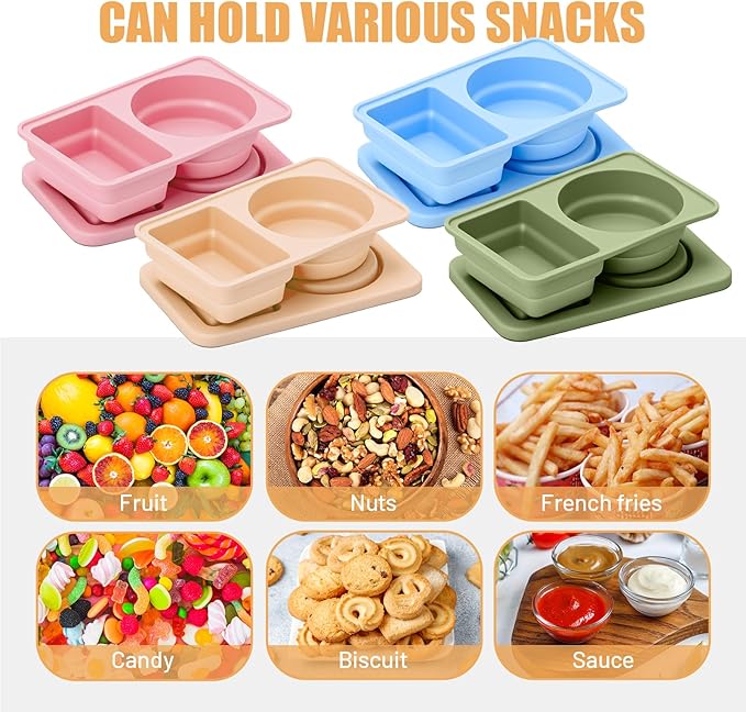 4 Pack Reusable Snack Containers with Lids, Silicone Double Compartment Snack Box Container, Small Mini Snack Pack Containers for Travel, Picnic, Work