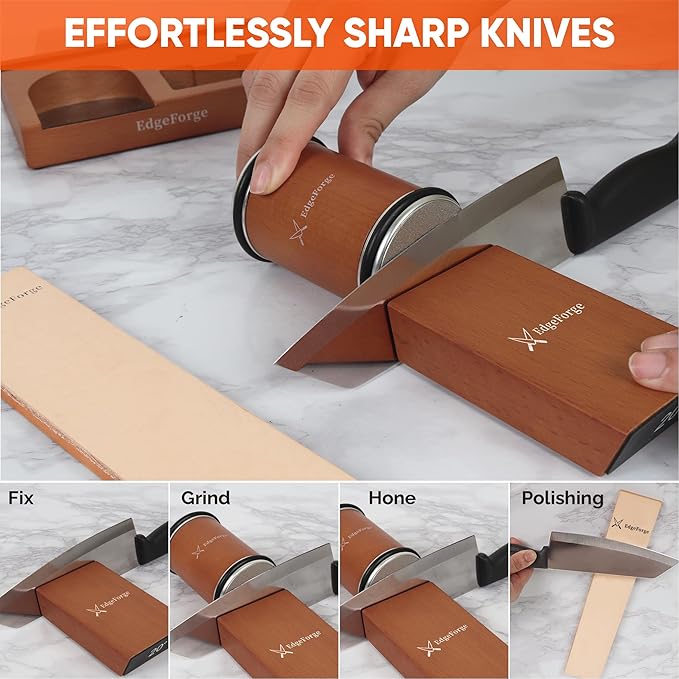 Premium Rolling Knife Sharpener Kit - Two Extra Disc, Leather Strop and Stand - Elegant Gift for Chefs & Cooks - Knife Sharpening Kit for Kitchen & Pocket Knives