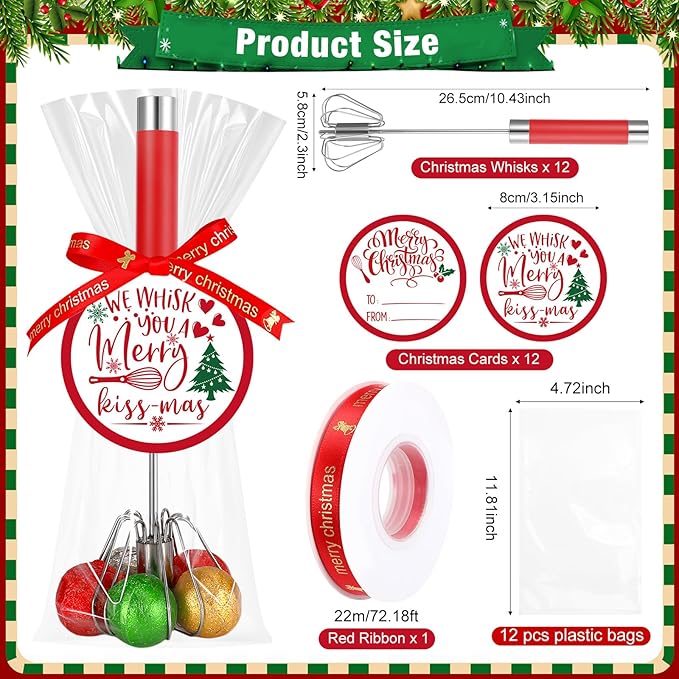 12 Pack Christmas Whisk Gifts Set Bulk Christmas Baking Set Includes Stainless Steel Whisk Xmas Greeting Cards Red Ribbons Clear Plastic Bags for Xmas Kitchen Gifts Cooking Baking Supplies