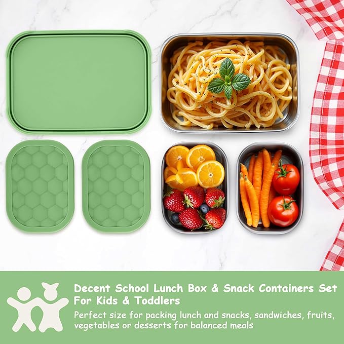 Homikit 3 Pack Kids Lunch Box Set, 18/10 Stainless Steel Bento Boxes with Silicone Lids Leak Proof, 5 Cups Reusable Metal Food Snack Containers for School Daycare, Nontoxic & Dishwasher Safe, Green