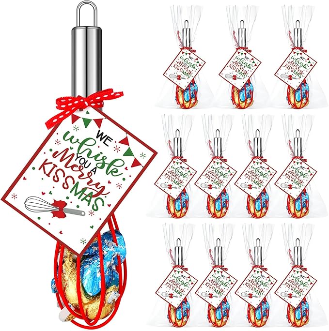 Zhehao 12 Sets 10 Inch Christmas Whisk Baking Gifts Sets Includes Stainless Steel Whisk Greeting Cards Ribbon and Plastic Bags for Neighbor Family Cooking Supplies Christmas Stocking Stuffers Ideas