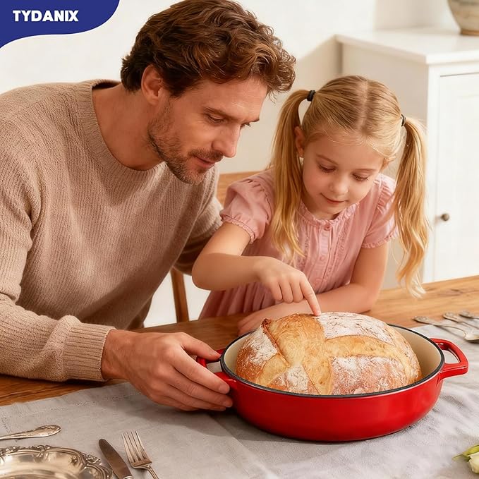2-in-1 Multifunctional Enameled Cast Iron Dutch Oven, 6QT Loaf Pan with Dual Handles, Perfect for Baking Sourdough, Roasting, Braising & Stews, Oven & Stovetop Safe, Easy to Clean & Pre-Seasoned