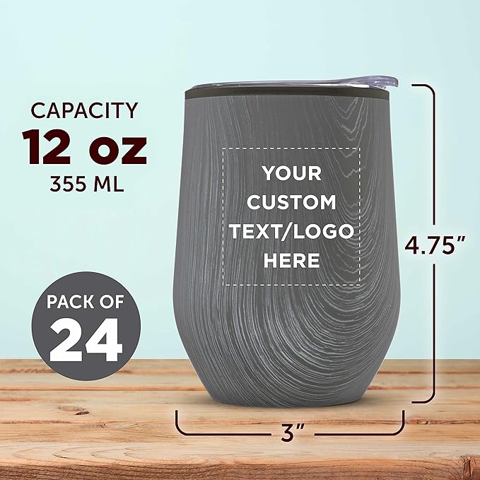 Custom Palmera Stemless Wine Tumblers with Lids 12 oz. Set of 24, Personalized Bulk Pack - Perfect for Wine, Cocktails, Other Hot & Cold Beverages - Rustic Grey