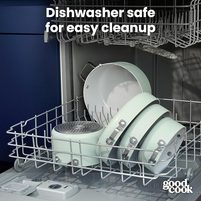 GoodCook Ceramic Cookware Set 7-Piece with Removable Handles, Induction Compatible Fry Pans, Nonstick and Oven Safe, Sage Green