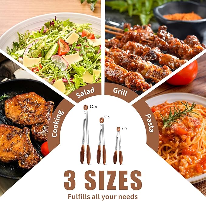 Wooden Tongs for Cooking Set of 3 (7",9",12") Natural Walnut Wooden kitchen Tongs for Grilling, Serving, BBQ and Tossing Salad etc | Ergonomic Stainless Steel Non-Slip Grip, Heat Resistant, Pull Lock