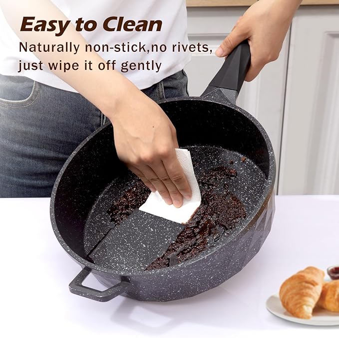 Nonstick Deep Frying Pan Skillet with Lid, 12 Inch Large Skillet, 5 Quarts Saute Pan, Granite Stone Non Stick Cooking Pan, Induction Compatible, PFOA Free