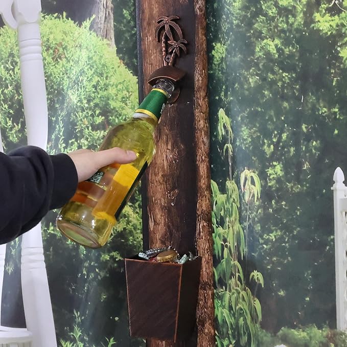 Vintage Wall Mount Bottle Opener Palm Tree Beer Top Opener with Cap Catcher Outdoor for Beach Theme Gifts (Aged Copper)
