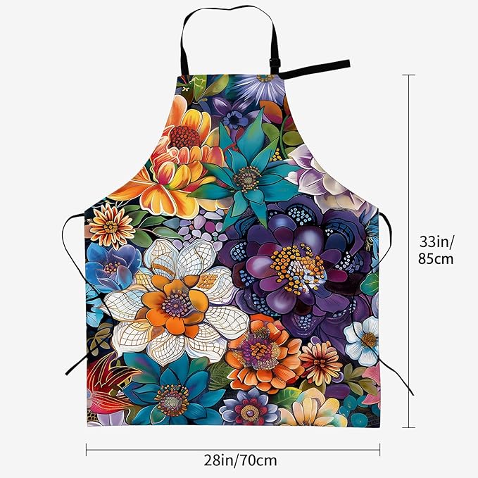 Floral Apron for Women, 28x33in, Kitchen Chef Aprons with 2 Pockets, Polyester, Colorful Mandala Bohemian Flowers Apron for Cooking BBQ Baking Gardening Chef, Gifts for Mom Wife Dad