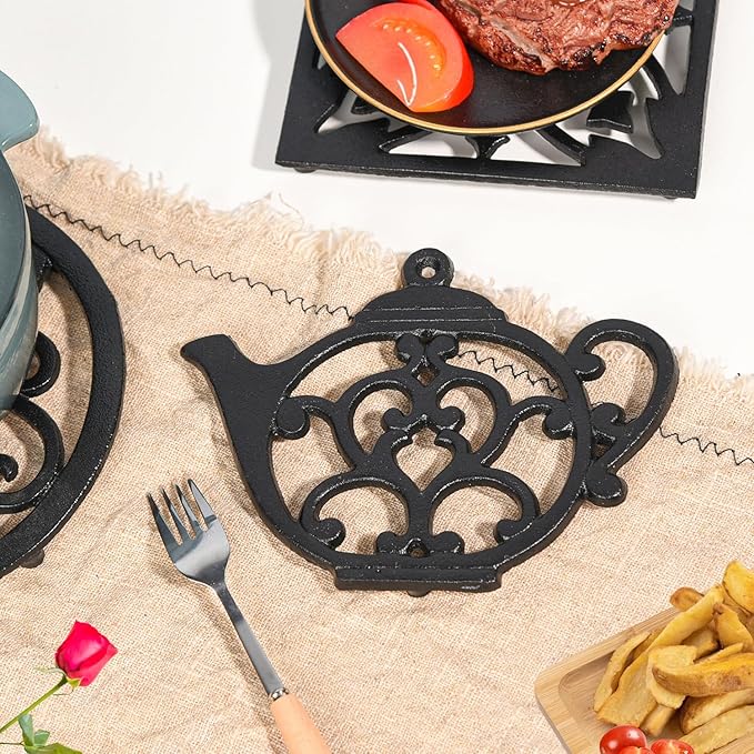 Sungmor Heavy Duty Cast Iron Trivet,Decorative Rustproof Black Trivet for Kitchen or Dinning Table,7.9" x 6" with Vintage Lovely Teapot Pattern
