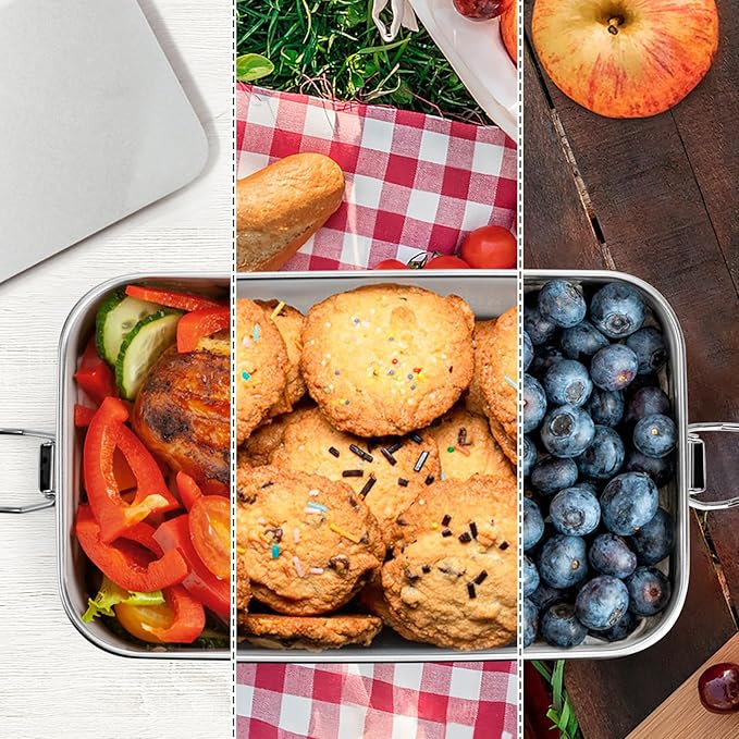 Leonyo 28oz Bento Box, 18/10 Stainless Steel Bento Lunch Box with 2 Dividers, 850ml Small Leak-Proof Food Snack Containers for Sandwich, Dishwasher Safe, Oven Safe Except for Lid