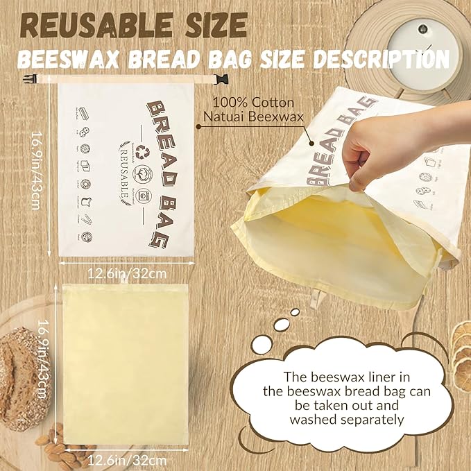 Beeswax Bread Bags for Sourdough, 2 Pack Fresh Bread Storage, Bread Keeper for Homemade Bread, Reusable Beeswax Bread Bag, Large Capacity Portable