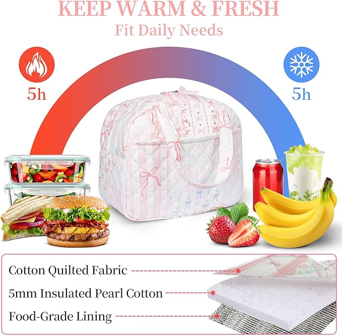Quilted Lunch Box for Women,Lunch Box for Teen Girls,Cute Bow Patchwork Lunch Bags for Work, School,Office,Picnic,Travel(bow patchwork)