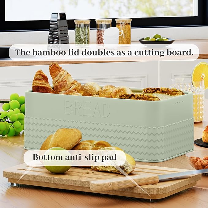 Bread Box for Kitchen Countertop - Metal Bread Storage with Bamboo Cutting Board Lid & Bread Knife, Corner Bread Container for Homemade Bread and Toast, Green