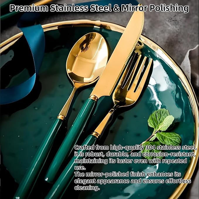 18-Piece Gold Silverware Set with Elegant Emerald Ceramic Handle,Premium Stainless Steel Flatware Set Service for 6,Mirror Polished Dishwasher Safe Luxury Cutlery Set for Home Restaurant