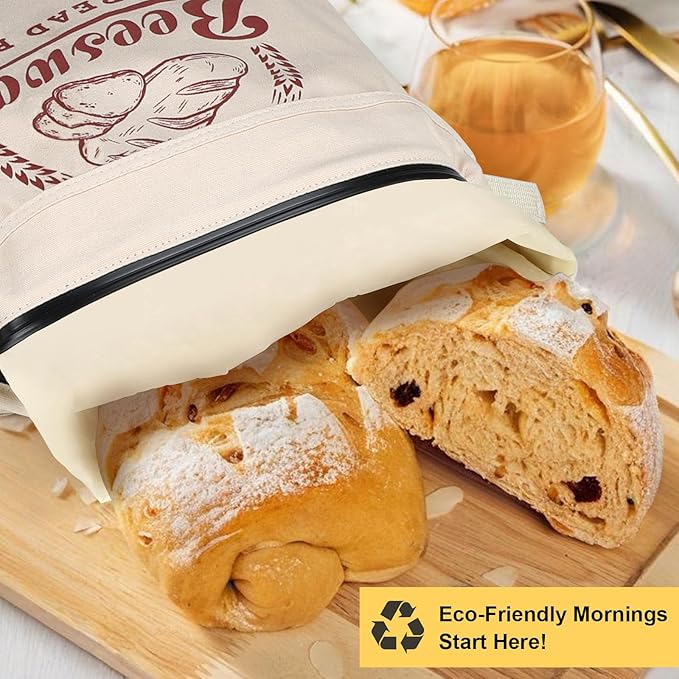 2 Pack Beeswax Bread Bags for Homemade Bread, Large Linen Reusable Bags with Zipper Eco-Friendly Food Storage for Sourdough, Sandwich, Baguette