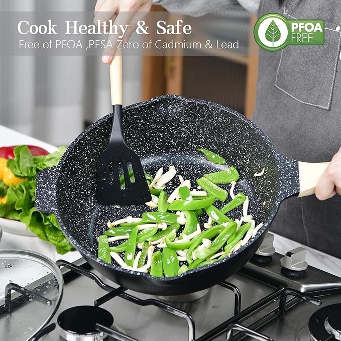 12 In Deep Frying Pan Nonstick with Lid and Strainer, 5.5 Quart Saute Pan, Granite Chef Skillet No stick for Cooking, 100% PFOA Free Non Toxic Fry Pan for All Stove top Gas Induction