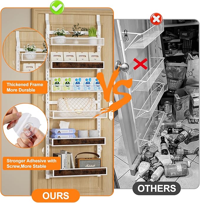 Over The Door Pantry Organizer,6 Tier Hanging Door Spice Rack with Adjustable Wood Basket and Acylic Basket,Metal Heavy Duty Door Storage Shelf for Kitchen Pantry and Bathroom