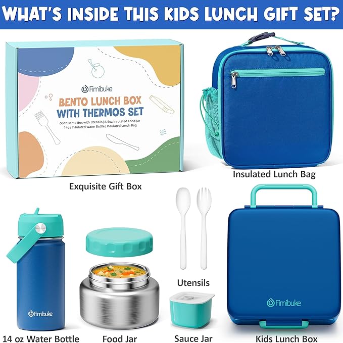Fimibuke Kids Bento Lunch Box, Leakproof Toddler Bento Box with 8.5 OZ Insulated Food Jar, Lunch Bag, Kids Water Bottle, 3 or 4 Compartment Container for Back to School Toddler Girls Boys