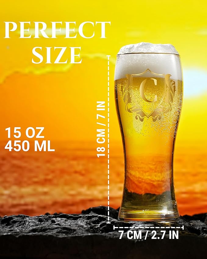Personalized Beer Glass, Custom Alcohol Gifts for Beer Lovers, Unique Birthday, Christmas Gifts for Dad, Uncle, Husband, Boyfriend, with Initial C