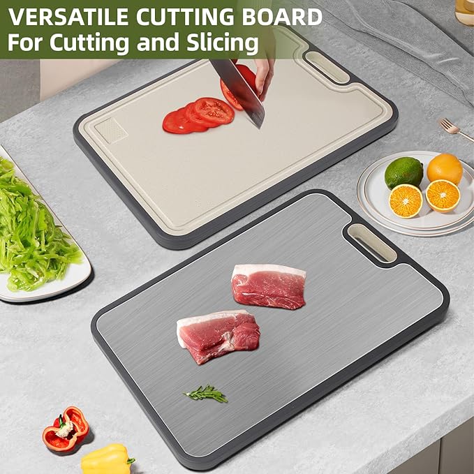 Titanium Cutting Board, 15.2” Double-Sided Chopping Board, Non-Toxic Safe Metal Cutting Board, Titanium/Wheat Straw Surface, Non-Slip Design for Safe & Efficient Cooking, Perfect for Meat, Vegetables