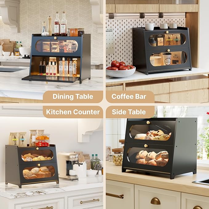 Black Bread Box for Kitchen Countertop, Double Layer Breadbox, Large Capacity with Window, Farmhouse Bread Storage Container, Fits Corner, Cabinet, Pantry
