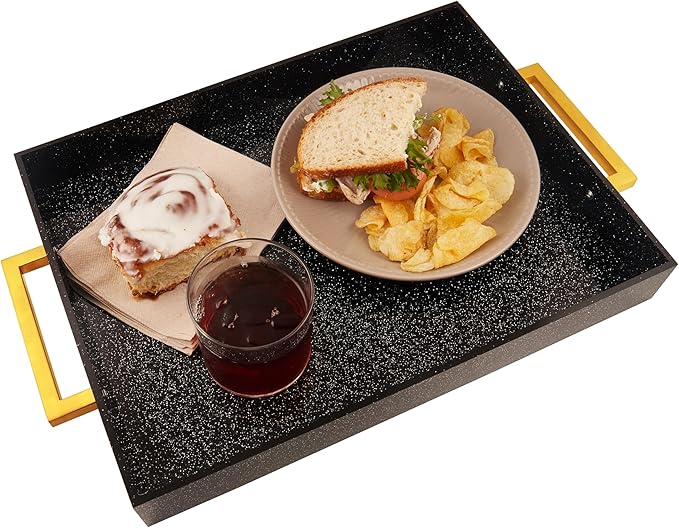 Acrylic Serving Tray with Gold Handles, 16" x 12" Decorative Tray for Coffee Table, Spill-Proof Food and Drink Server. Multipurpose for Ottoman, Kitchen, Vanity, Countertop, Party Use (Black Glitter)