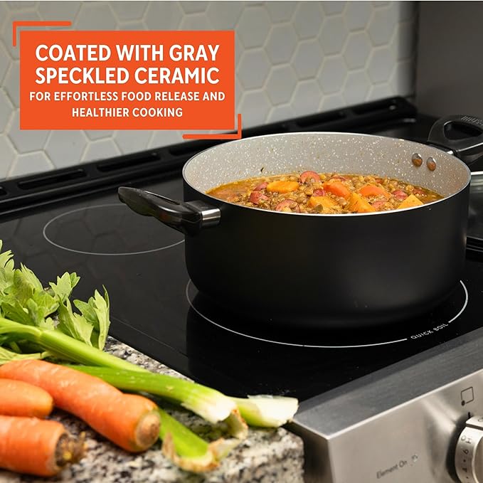 IMUSA 3 Qt Gray Speckled Ceramic Caldero Dutch Oven Stock Pot with Glass Lid – Nonstick Rice, Soup, Stew Pot for Hispanic Cooking, Vegetables, Pasta & Everyday Meals