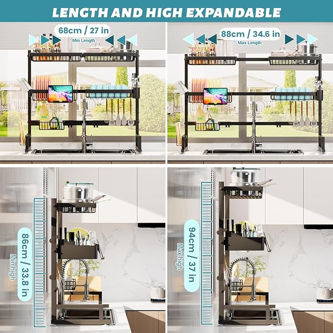 ADBIU Over The Sink Dish Drying Rack (Expandable Height and Length) Snap-On Design 2 Tier Large Dish Rack (27-40L x 12W x 32.5-37H (inches))