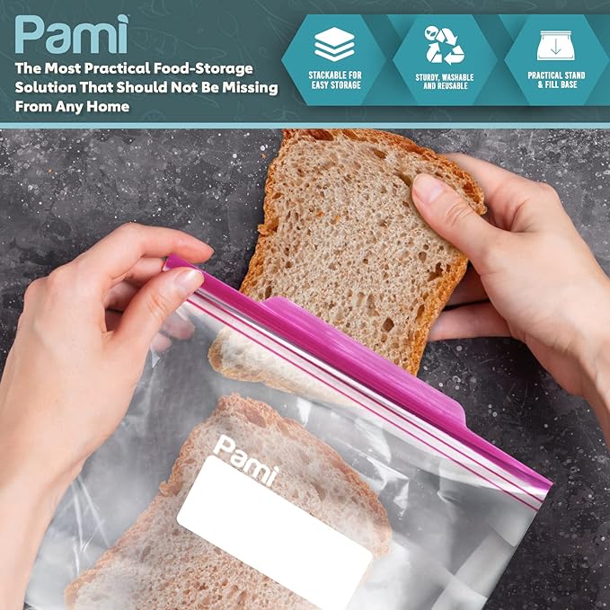 PAMI Leakproof Reusable Double Zip Sandwich Bags with Expandable Bottom and Write-On Label, Food Storage Zipper Bags (Gallon 60 Clear)