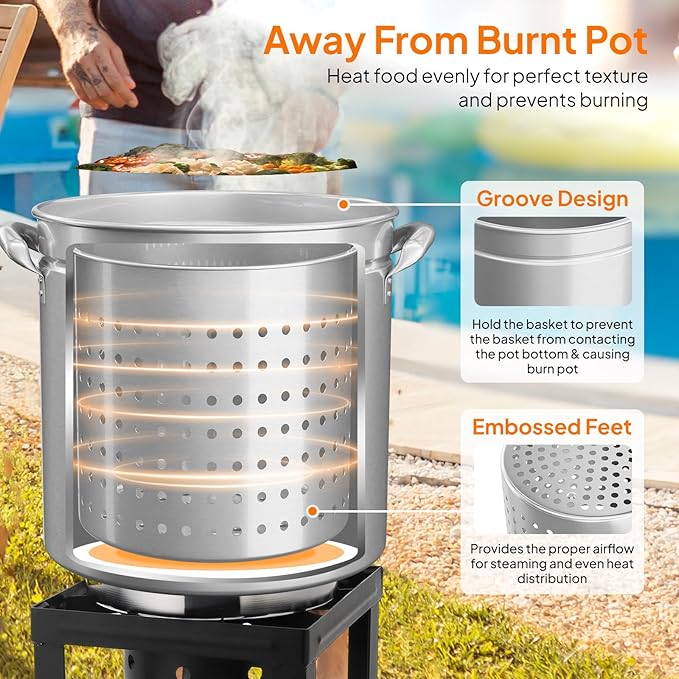 Bonnlo 50QT Turkey Fryer Pot with Steamer Basket, Lid & Lifting Hook, Stainless Steel Seafood Boil-Pot for Lobster, Crab & Shrimp, Heavy-Duty Deep Stockpot for Outdoor Boiling, Cooking & Frying